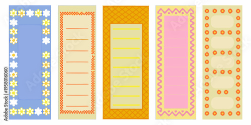 Five colorful rectangular rugs with decorative borders displayed in a row