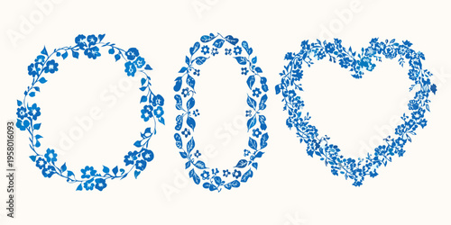 Three floral heart shaped frames in a delicate blue botanical design