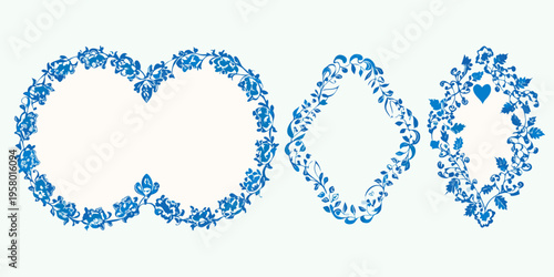 Three floral frames in shapes of a heart oval and heart with bird