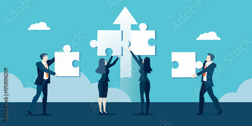 Business professionals collaboratively connecting puzzle pieces to build a successful strategy