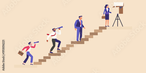 Business people climbing stairs towards success and a cardboard box