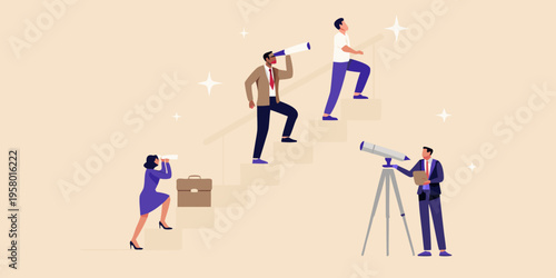 Business professionals ascending stairs using telescopes for strategic foresight