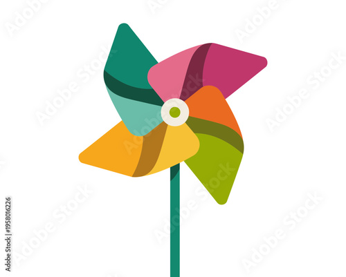 A colorful pinwheel with multicolored blades and a green stick on a white background