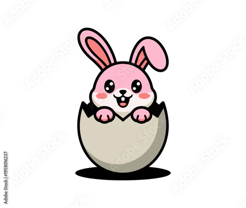 A cute pink bunny emerges from a cracked eggshell in a playful cartoon illustration