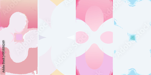 Abstract symmetrical floral shapes in soft pink and red hues