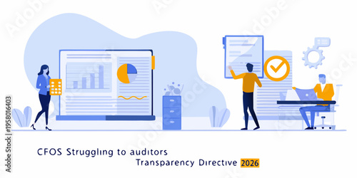 Cfos present data and reports to auditors in a modern office setting