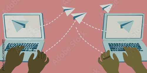 Digital communication illustrated with laptops and paper airplanes connecting users