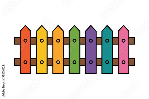 A colorful vector graphic illustration of a picket fence with rainbow-colored boards