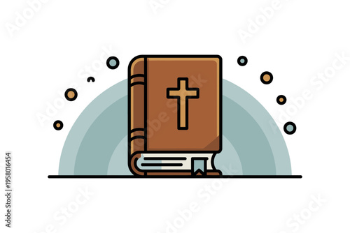 A minimalist vector illustration of a Bible with a cross on its cover, set against a simple background with a subtle design element.
