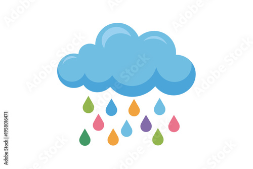 A colorful cartoon cloud with raindrops in different colors on a white background