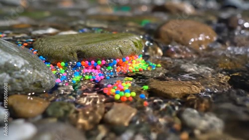 Tiny Synthetic Spheres Adorn Mountain Stream Pebbles in Pristine Natural Environment