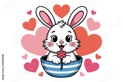 A cute cartoon bunny sitting in a blue bowl surrounded by colorful hearts