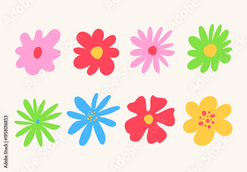Hand drawn colorful flower collection in simple flat style