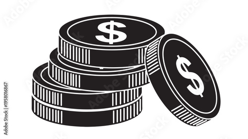 Coins stacked with dollar symbols represent wealth and financial growth, depicted in a clean, modern isometric style.