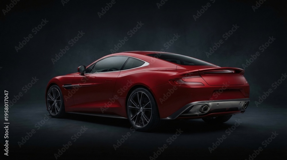 Obraz premium Red luxury sports car rear view in studio. Power and elegance captured in a dark, dramatic light.