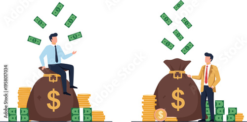 Businessman Sitting on Money Bag with Stacks of Cash and Dollar Bills Falling, Symbolizing Wealth, Investment, and Financial Success