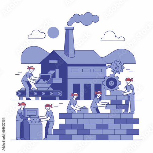 Factory workers constructing a building with bricks and machinery.