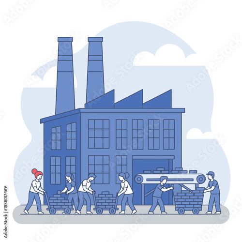 Factory workers loading materials onto conveyor belt.