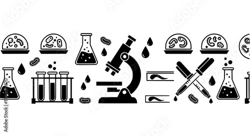 A clean vector illustration featuring a horizontal arrangement of laboratory and microbiology tools, all rendered in solid black silhouettes on a pure white background. The composition includes multip