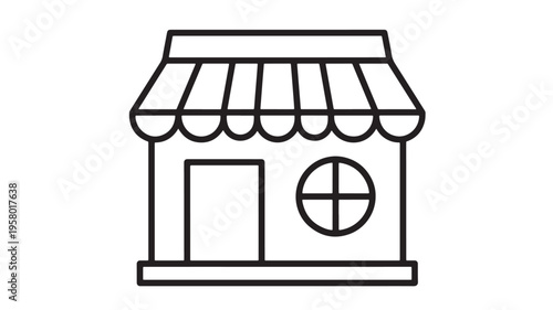 Shop building icon with awning, door, and round window, simple black outline drawing representing retail business or storefront.
