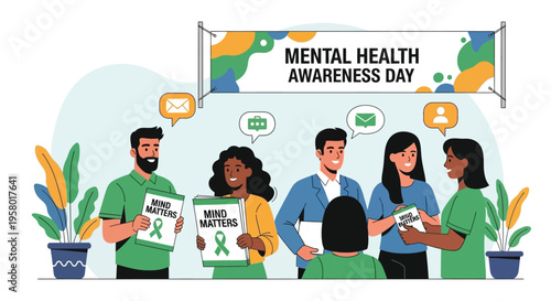 Mental Health Awareness Day people discussing wellbeing.