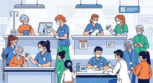 Diverse medical professionals caring for patients in a hospital setting.