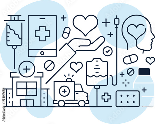 A comprehensive illustration of healthcare symbols and icons in a modern design