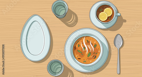 Colorful illustration of table setting with soup, plate, cup, and utensils