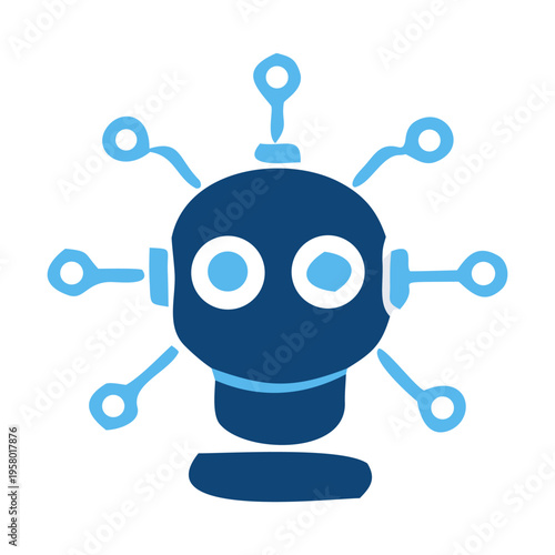 A cute 3d cartoon android character holding a blue advertising sign as a robotic communication symbol for future internet technology and business message concepts.