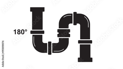 Pipe plumbing system with 180 degree turn and connectors for liquid or gas flow illustration featuring curve, bend, connection with fitting and water