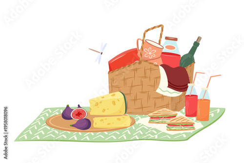Summer picnic scene with wicker basket, cheese, figs and sandwiches on blanket. Cozy outdoor food composition in flat style. Hand drawn vector illustration for seasonal design and lifestyle projects