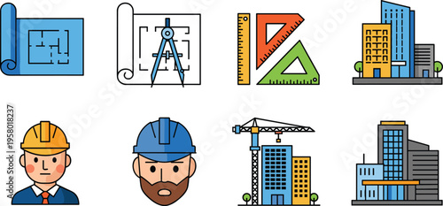 Architecture and Construction Icon Set with Blueprints Drafting Tools Engineers Buildings Crane and Development Elements for Engineering Industry and Urban Planning Design