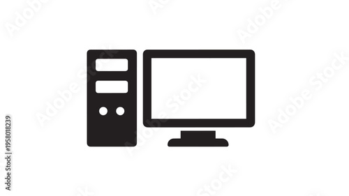 Computer tower and monitor icon with simple black lines on a white background. featuring desktop, pc, hardware with technology and digital elements