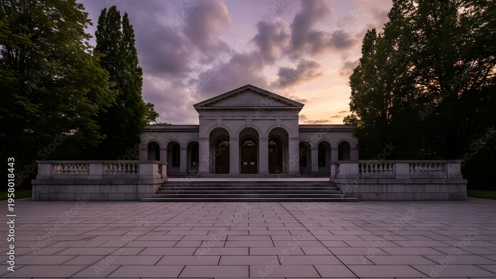Obraz premium A large white building with columns stands on stone steps surrounded by trees at sunset
