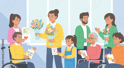 Family celebrates special occasion with gifts and flowers.