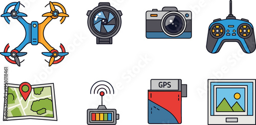 Drone and Photography Technology Icon Set with Camera Controller GPS Map Battery Signal and Imaging Equipment for Aerial Shooting and Navigation Design