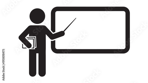 Teacher icon with pointer stick and books in front of whiteboard for presentation and education concepts.