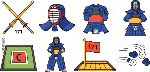 Kendo Martial Arts Icon Set with Samurai Armor Shinai Sword Protective Gear Dojo Elements and Training Equipment for Japanese Sports and Combat Design