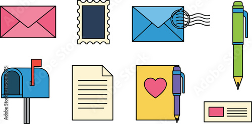 Mail and Communication Icon Set with Envelopes Postage Stamp Mailbox Letters Pen Greeting Card and Message Elements for Postal Service and Office Design