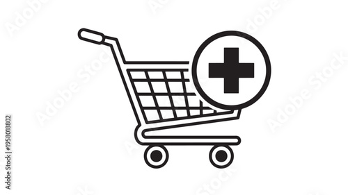 Shopping cart icon with a plus sign inside a circle, representing adding an item to the cart for purchase online.