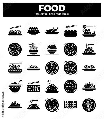food icons with various dishes in black silhouette. Vector illustration on white background
