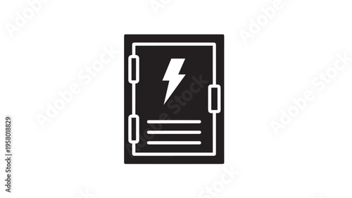 Electrical panel icon with lightning bolt symbol and circuit breaker components, a simple silhouette representing power.