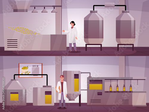 Olive oil production modern automated facility line, vector olive fruits extraction bottling manufacture process factory