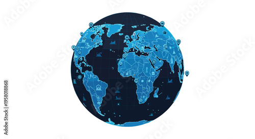 A dark blue globe with light blue continents and numerous glowing data icons is centered on a white background.
