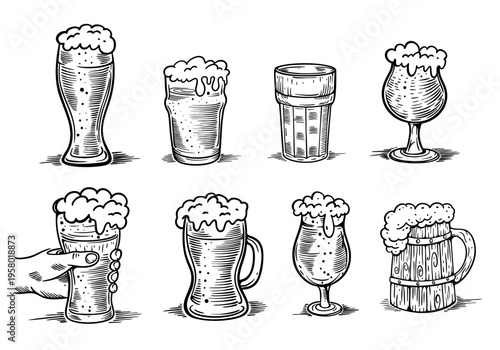 Vector retro illustration set with different beer glasses mugs and pints in sketch style
