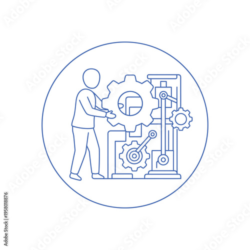 Man working with gears and machinery in a factory setting.