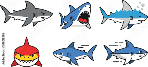 Shark Marine Animal Icon Set with Cartoon and Realistic Styles Swimming Attack Motion and Ocean Predator Illustrations for Wildlife and Sea Life Design