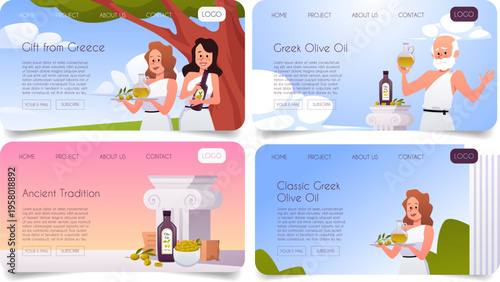 Greek olive oil, green olive fruits farm products landing page vector set, Greece healthy organic food and productions