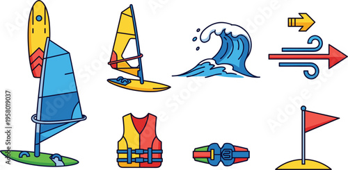 Water Sports and Surfing Icon Set with Surfboard Windsurf Sail Wave Direction Wind Arrows Life Jacket and Beach Flag for Marine Adventure Design