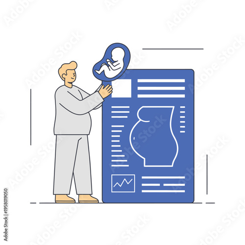 Doctor holding fetus image near pregnancy chart.